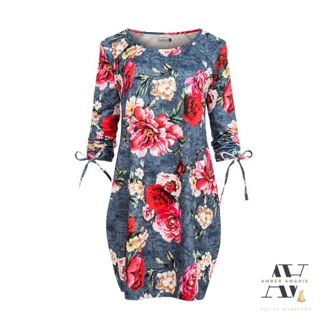SOPHIE Wygodna sukienka Oversize - KWIATY NA JEANSIE