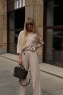 SERENA – beżlowy komplet dwuczęściowy: bluzka oversize + spodnie wide-leg z wysokim stanem