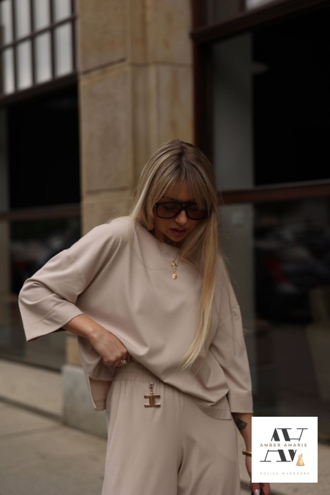 Komplet damski Ella zestaw z bluzką i spodniami beżowy