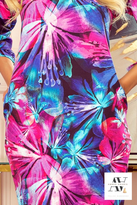 Wygodna sukienka OVERSIZE - niebiesko-różowe kwiaty Wygodna sukienka OVERSIZE - niebiesko-różowe kwiaty