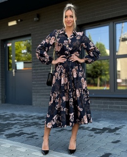 CLAIRE – sukienka midi z falbaną i paskiem podkreślającym talię