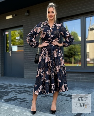 CLAIRE – sukienka midi z falbaną i paskiem podkreślającym talię