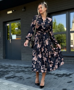 CLAIRE – sukienka midi z falbaną i paskiem podkreślającym talię