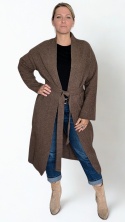 ISABELLA – czekoladowy sweter wełniany płaszczowy z paskiem w talii