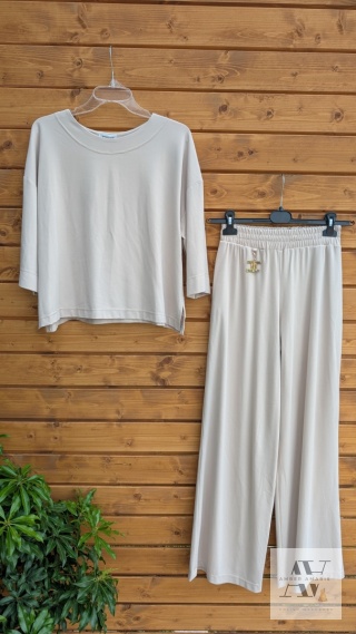 SERENA – beżlowy komplet dwuczęściowy: bluzka oversize + spodnie wide-leg z wysokim stanem