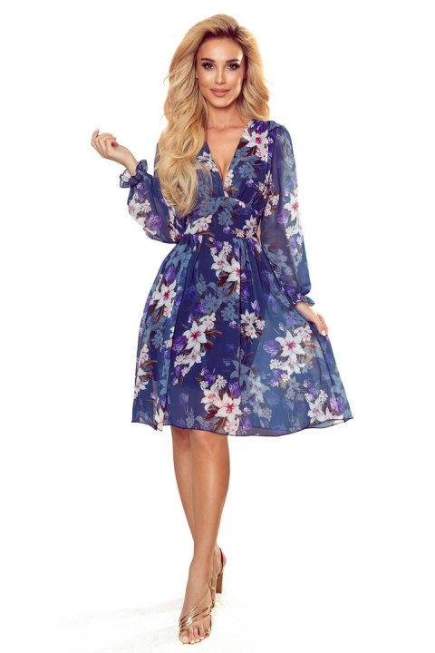 FRANCES – sukienka szyfonowa z długim rękawem | granatowa w kwiaty
