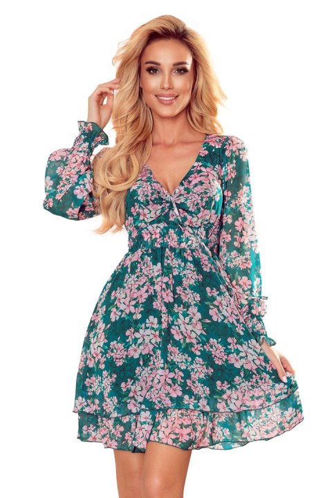 MONICA – szyfonowa sukienka z wiązanym dekoltem | kwiaty na zielonym