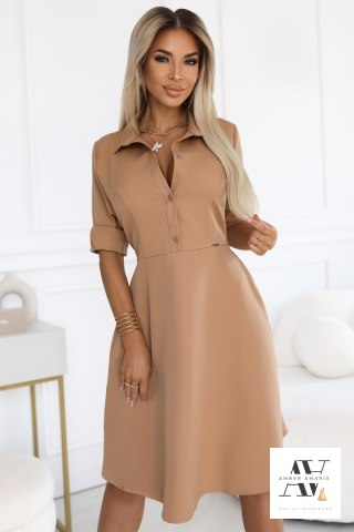 SANDY Koszulowa rozkloszowana sukienka z paskiem - MOCHA MOUSSE