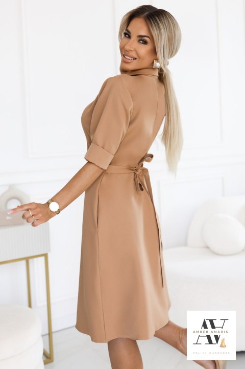 SANDY Koszulowa rozkloszowana sukienka z paskiem - MOCHA MOUSSE SANDY Koszulowa rozkloszowana sukienka z paskiem - MOCHA MOUSSE