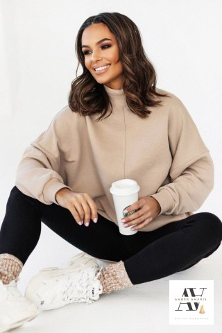 SIMPLE beżowa bluza ze stójką i przeszyciami
