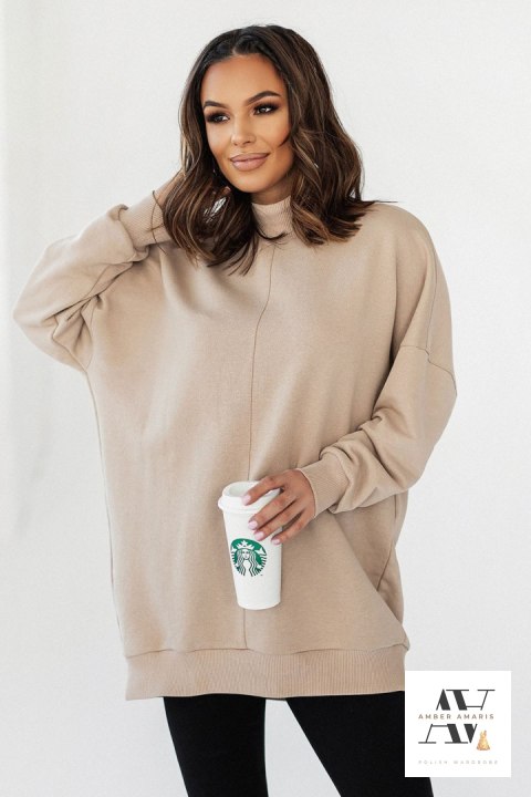 SIMPLE beżowa bluza ze stójką i przeszyciami SIMPLE beżowa bluza ze stójką i przeszyciami